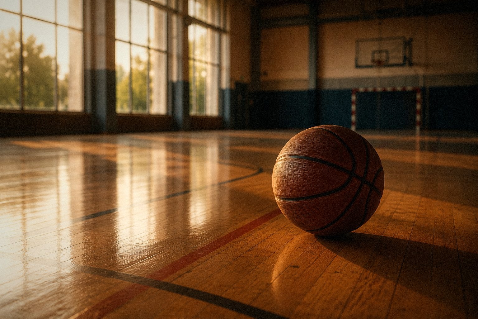 Un ballon posé sur le parquet.