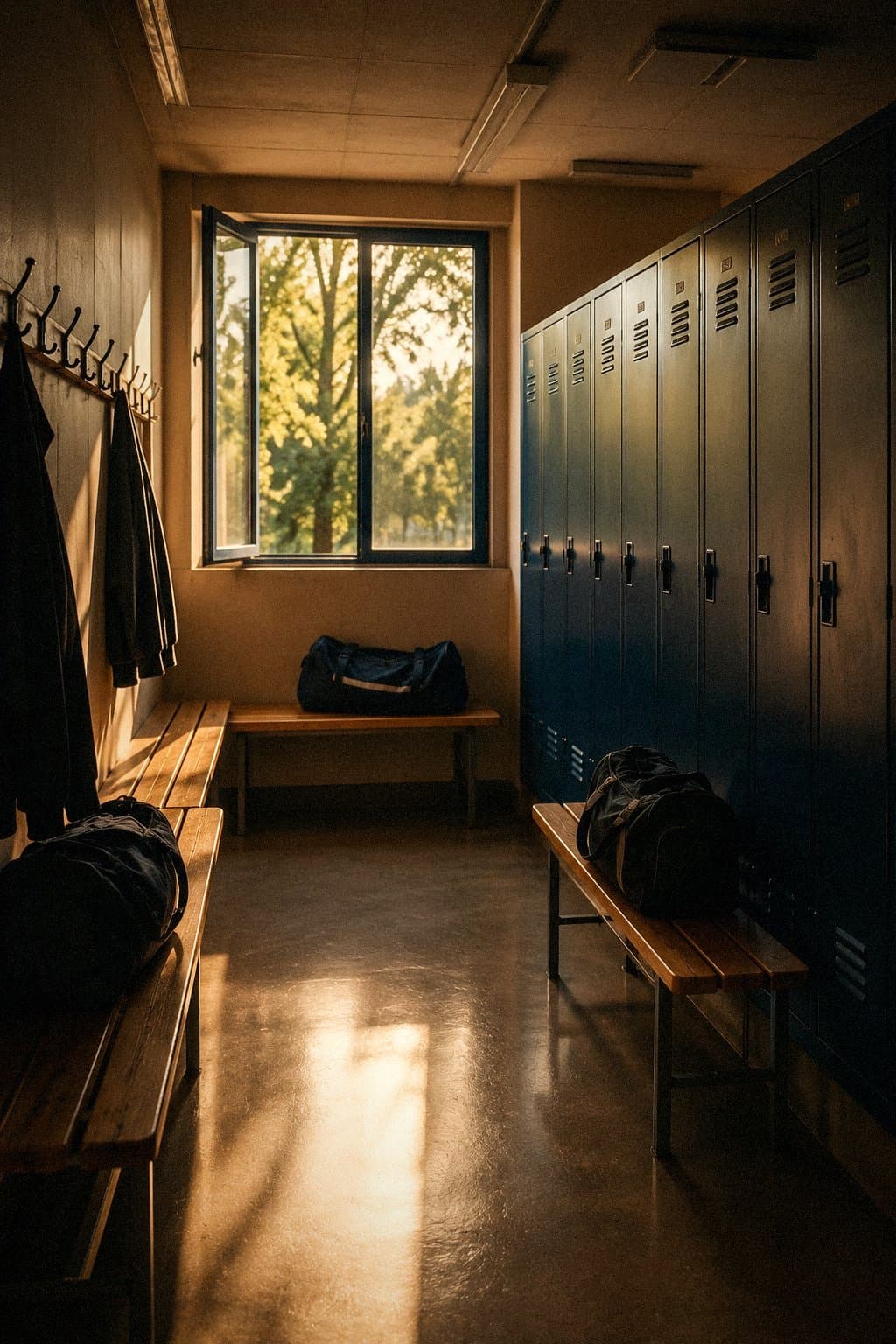 Un vestiaire vide, lumière de fin de journée.