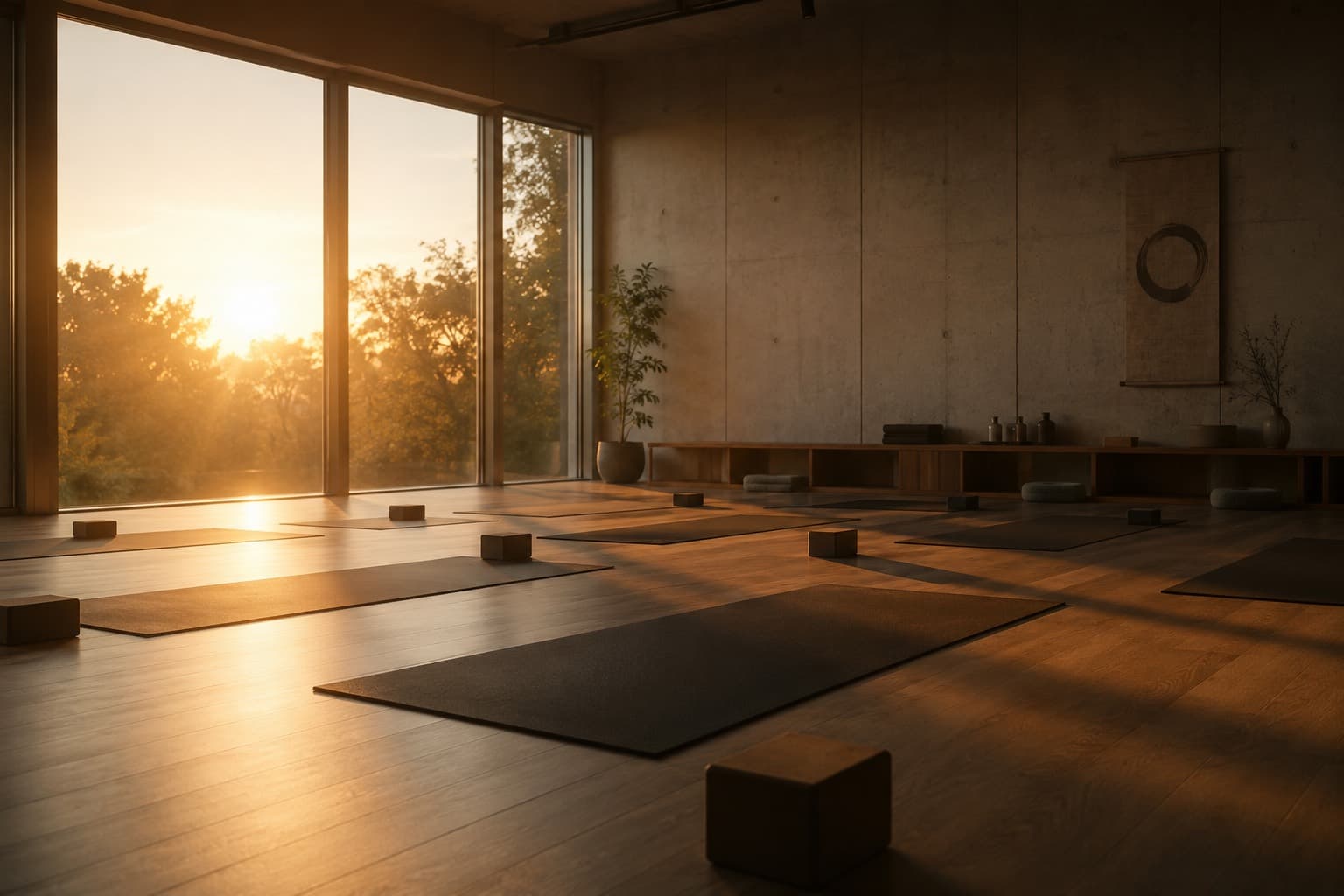 Une salle de sport, tapis déroulés, au soleil couchant.