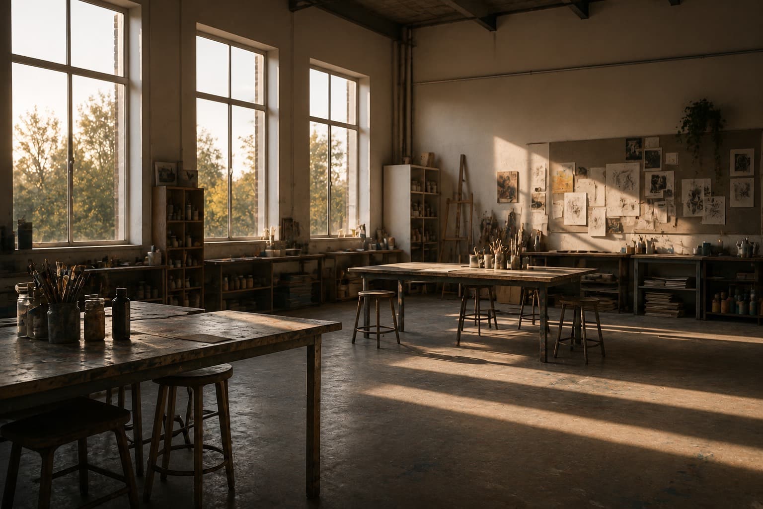 Une salle d’arts plastiques, tables et tabourets, lumière du matin.